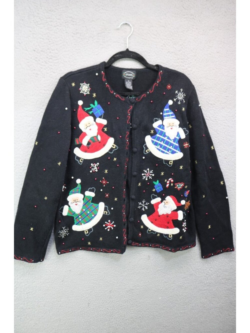 Designer Studios Originals Vintage Embroidered Beaded Santa Claus Sweater-Medium